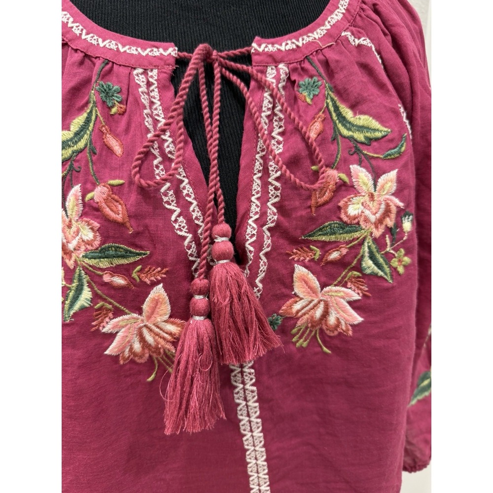 Sundance Shayda Red Lightweight Peasant Top w/floral embroidery & Tassels S - Picture 6 of 8